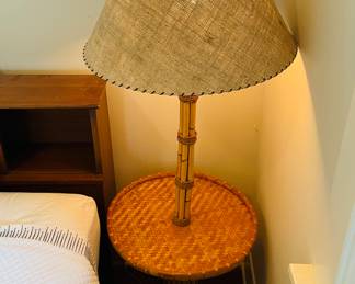 Vintage wicker/rattan bamboo bedside table/lamp  