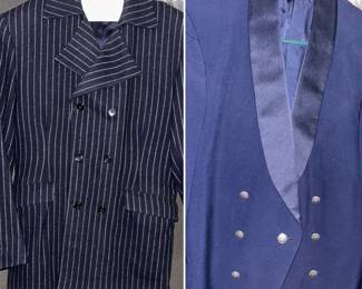 1. Custom made 1960s "new romantic" mod style navy pinstripe blazer -- 2. Mid Century Air Force Dress Dinner jacket "Patriot" by Weintraub bros 