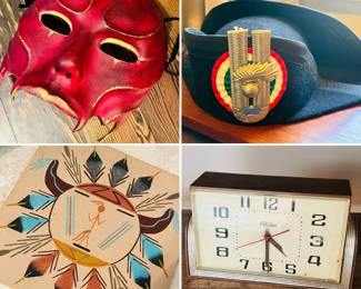 Vintage half face, resin hand, sculpted, and painted 
Napoleon style Italian artillery riot helmet (bullet proof) 
Navajo sand art 
Vintage Telechron clock  