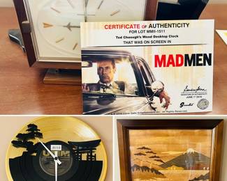 Vintage, MCM wood desktop clock (Ted Chaough - Mad Men) 
Disc-O-Clock wall hanging record clock (made in Italy) 
MCM Japanese wall art 
