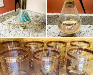 Mid-Century Hostess Carafes set 
Vintage Glass Carafe & Warmer 
Vintage, Cera Glassware Rocks Glasses, in the Golden Dragon Pattern
