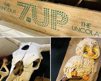 Vintage wooden 7UP soda crate 
Cow skull (with bullet entry wound)
Vintage owl decor 