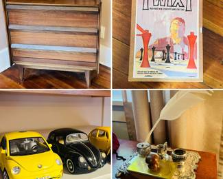 Vintage Twixt board game 
Corbell Co. 1960s Inkwell and candleholder set with feather quill 
Antique style wooden brass rock blotter