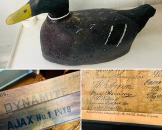 Vintage duck decoy 
Dynamite Ajax wooden crate 
Declaration of independence Coca-Cola lithograph 