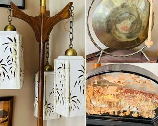 MCM ceramic Japanese tension rod lamp 
Made in Hong Kong Gong 
Vintage cork wood engraved lacquer Chinese art