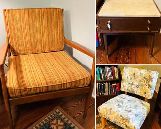 Mid century modern burnt orange accent chair with wood frame 
MCM Keoealer lounge chair 