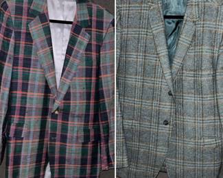 1. 3 color Indian madras linen - Bullock & Jones blazer (summer weight) -- 2. 1980s Curlees Bros 3 color wool blazer (winter weight) 