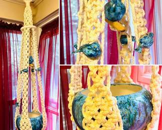 Vintage macrame hanging planter with ceramic confetti planter bowl and ceramic birds 