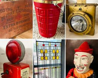 Antique Dupoint Red Cross explosives/dynamite crate 
MCM Lusto Ware ice bucket 
WW2 Navy ship signal lantern 
Vintage Shell Oil flasher barricade light 
Frank Loyld Wright inspired stained glass 
Vintage, mechanical cast iron clown coin bank 