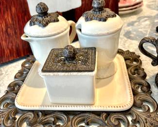 Acanthus Leaf Sugar & Creamer Set with Sweetener Box on Tea Tray