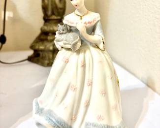 Vintage Porcelain Music  Box Lady in Blue Holding Cat