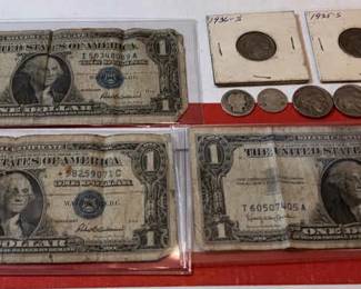 US Currency Silver Notes, Buffalo Nickels  More