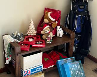 Golf clubs, Christmas lights, TV stand