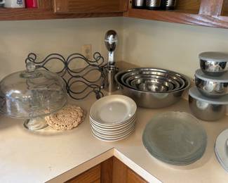 Malt mixer, stainless nesting bowls, wine rack