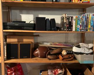 Various sports equipment, VHS, VHS player, Speakers