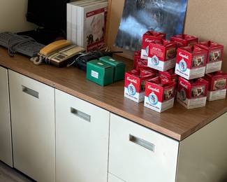 Campbell’s Christmas ornaments, nice metal Storage Cabinet/craft counter