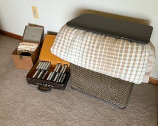 Vintage 45 RPM records, cassettes, laundry hamper