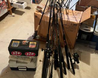 Dozens of fishing poles, tackle boxes