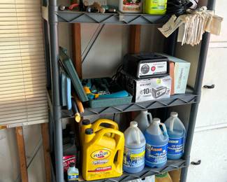 Shelving unit, oil, washer fluid, battery charger 