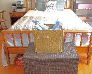 Wood Bed, Quilt, Pillows, Night Stand, Storage Basket