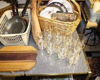 SP Dishes, Retro Plates, Wood Basket, Vintage Glasses