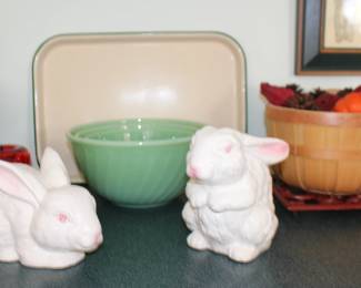 Jadeite Bowls, Rabbits, Basket, Serving Tray, Trivet