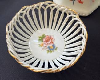Alba Iulia Handmade Small White Bowl Openwork Rose Motif Gold Rim