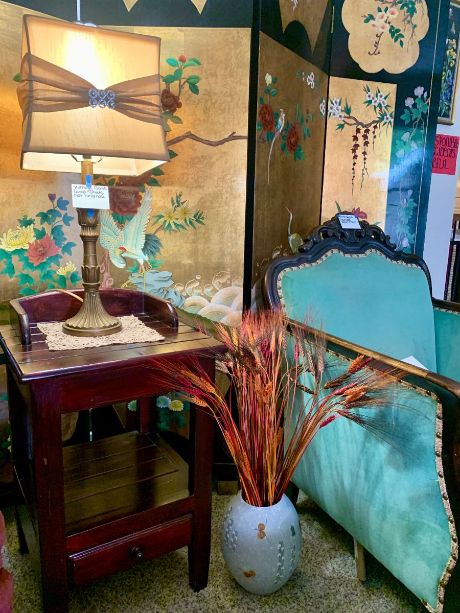 Vintage Lamp- replacement shade. 2 Sided Lacquer 4 panel screen. Antique aqua-teal velvet chair