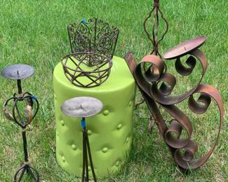 Standing candle sticks. Vintage Very Heavy cast iron wall hanging candle stick. Green stool