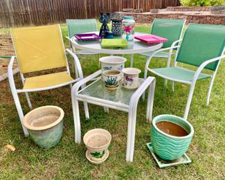 THIS IS FOR SALE--YEAH!! White patio table, 4 mesh color chairs, side table and ceramic glazed planter pots