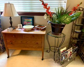 Antique 3 Drawer Dresser. Plant Stand. Metal magazine rack