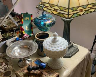 Stained Glass Lamp Tiffany Style. Sterling Silver weighted Compote. Carnival glass. Cow Bell. Etched Box. Ralph Lauren perfume