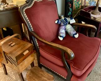 Red Antique Velvet Chair. Vintage Stool. Accordion Antique Sewing Table