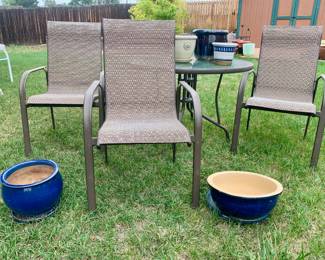THIS TABLE IS FOR SALE. 3 high back mesh chairs. Glazed pottery planter pots