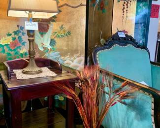 Vintage Lamp- replacement shade. 2 Sided Lacquer 4 panel screen. Antique aqua-teal velvet chair