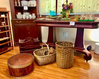 Shelving, Mahogany Corner Display Unit. Fantastic Mahogany Library Table. Vintage-Carnival glass