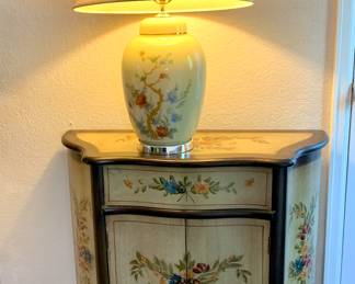 Painted Side Table. Porcelain Lamp