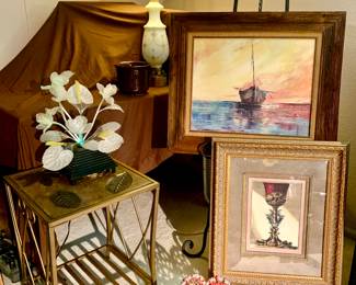 Metal decor table. Lighted floral arrangement. Original ship oil painting. Easel wrought iron
