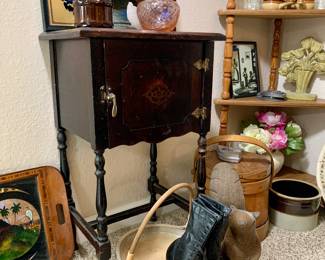 Vintage Granny Boots. Handmade Vintage Ceramic Bowl with handle. Squirrel. Butter Bucket. Antique Cooler. Vintage Butterfly wings picture tray. Floral cast iron antique door stoppers