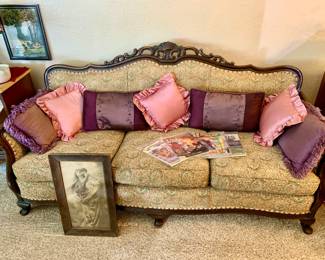 Antique Couch. Vintage Icon Mary and Baby Jesus picture