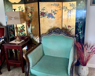 2 Sided Lacquer Screen. Green-Aqua Velvet antique chair. Small tongue and groove wood table.