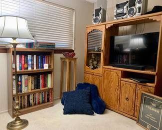 Vintage heavy brass torch'. Oak wood entertainment center. Sharp CD-BA150 - radio working