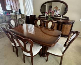 Designer Burled Wood Dining Set / Sideboard w/ Mirror