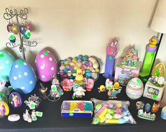 Easter deco including PEZ and Old World glass Easter eggs.