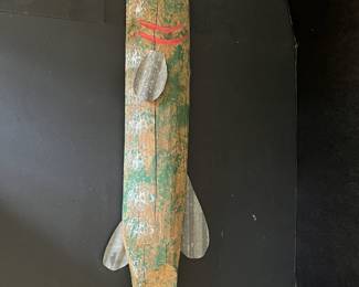 #G - Wood fish green/red/white 35Wx10D with metal fins -Bought at the Fairhope Art Festival years back 