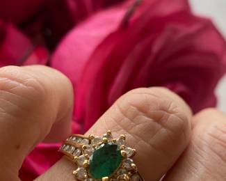 82	$250 	14kt carat gold tested ring with emerald stone &
		moissanites size 5 - 5.12 gr
