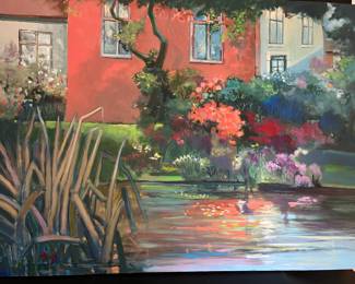 #E - $150 - House signed painting on canvas Lakehouse 48Wx 36T