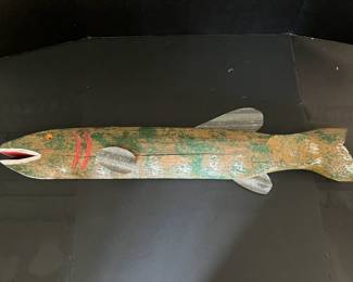 #G - Wood fish green/red/white 35Wx10D with metal fins -Bought at the Fairhope Art Festival years back 
