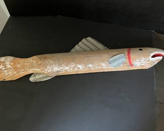 #F - $86 - Wood fish natural 36Wx10D white/red with metal fins -Bought at the Fairhope Art Festival years back 