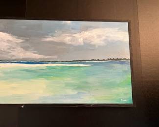 #H - $250 Dan Dunn original oil painting on canvas Fort Pickens scene - rustic wood painted frame - black 47"Wx17 1/2"T